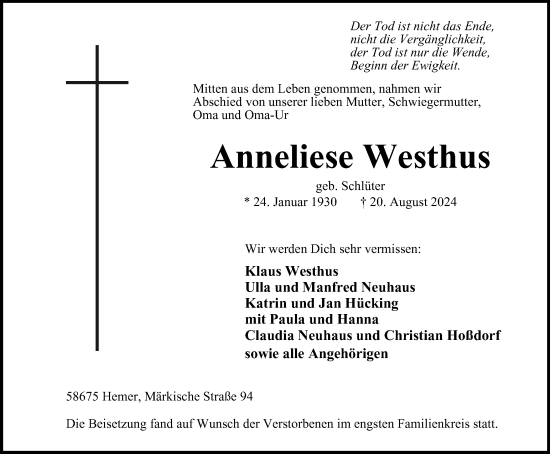 Traueranzeige von Anneliese Westhus von Tageszeitung