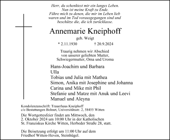 Traueranzeige von Annemarie Kneiphoff von Tageszeitung