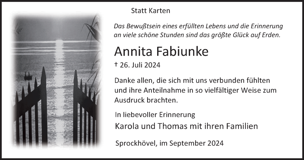  Traueranzeige für Annita Fabiunke vom 07.09.2024 aus Tageszeitung