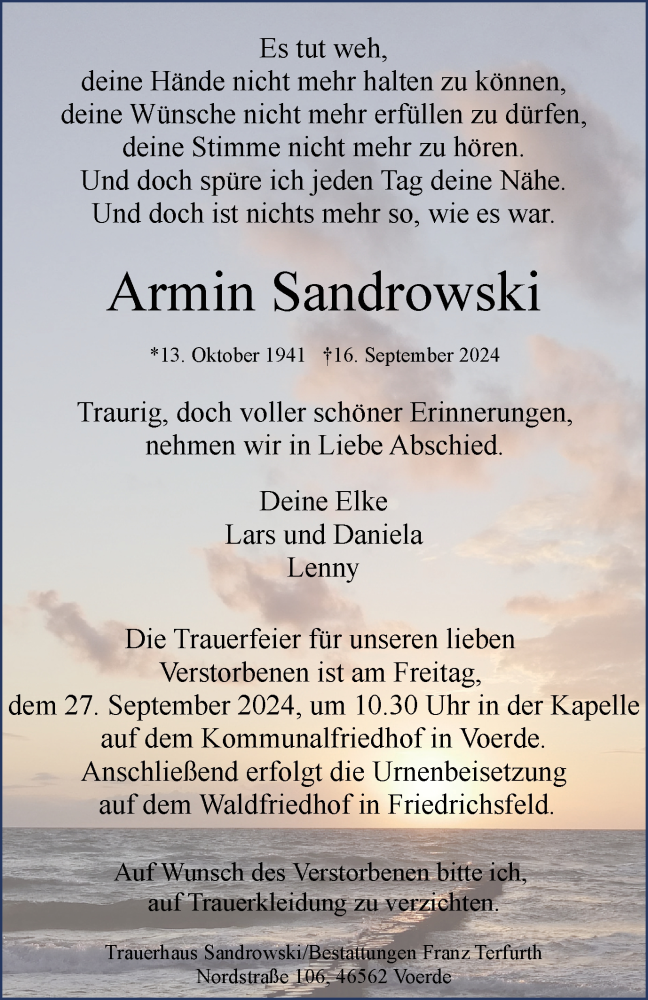  Traueranzeige für Armin Sandrowski vom 25.09.2024 aus Tageszeitung