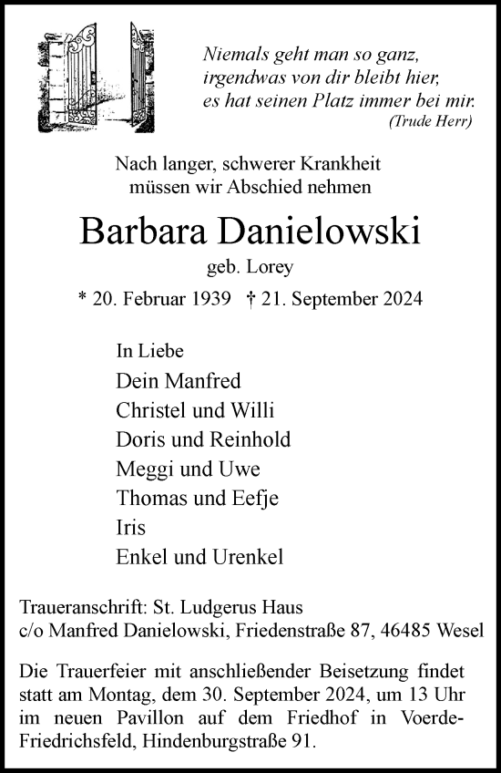 Traueranzeige von Barbara Danielowski von Tageszeitung