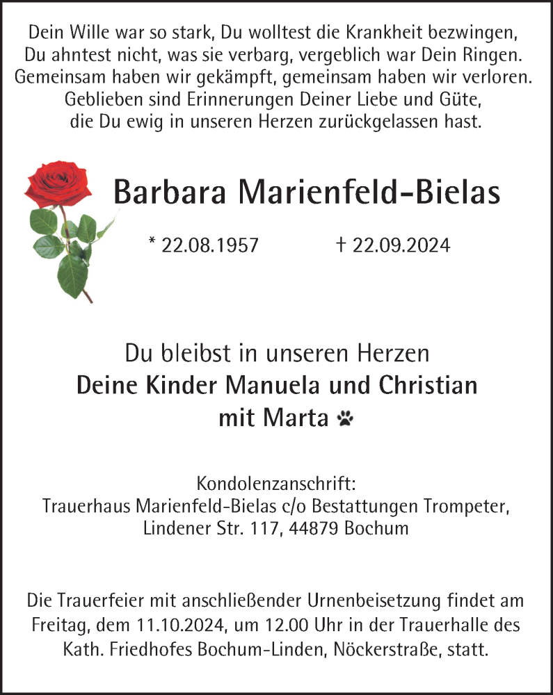  Traueranzeige für Barbara Marienfeld-Bielas vom 28.09.2024 aus Tageszeitung