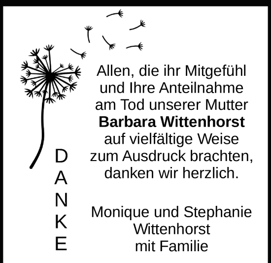 Traueranzeige von Barbara Wittenhorst von Tageszeitung