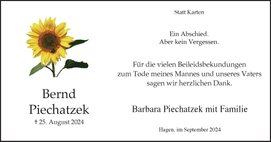 Traueranzeige von Bernd Piechatzek von Tageszeitung
