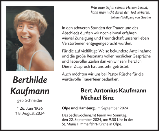 Traueranzeige von Berthilde Kaufmann von Tageszeitung