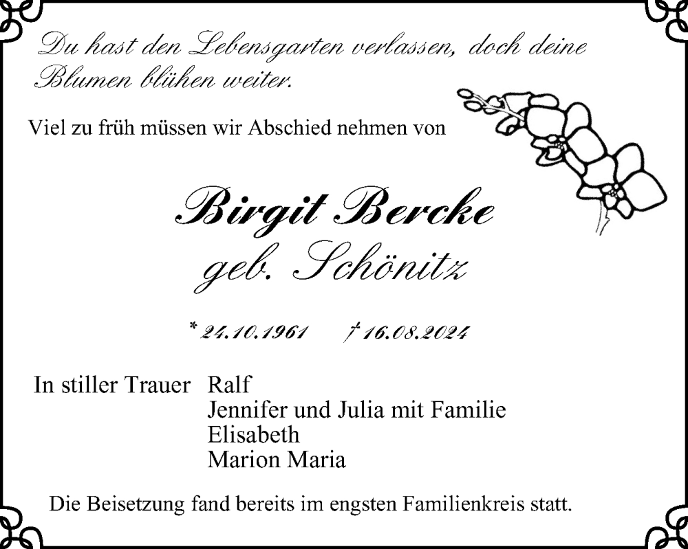  Traueranzeige für Birgit Bercke vom 07.09.2024 aus Tageszeitung