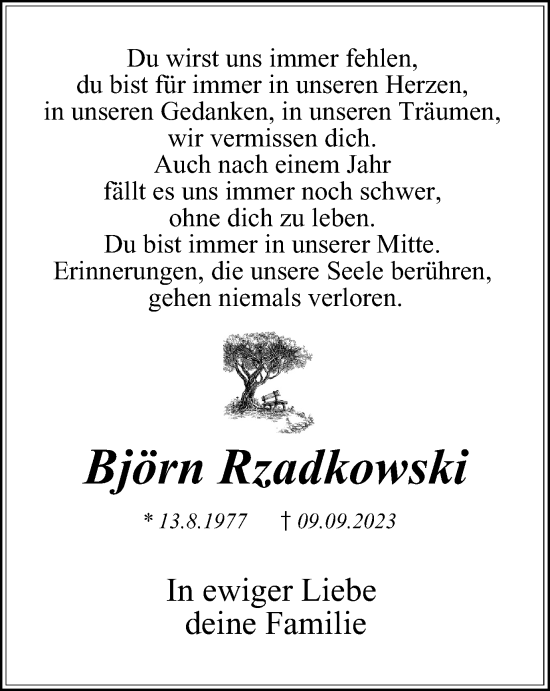 Traueranzeige von Björn Rzadkowski von Tageszeitung