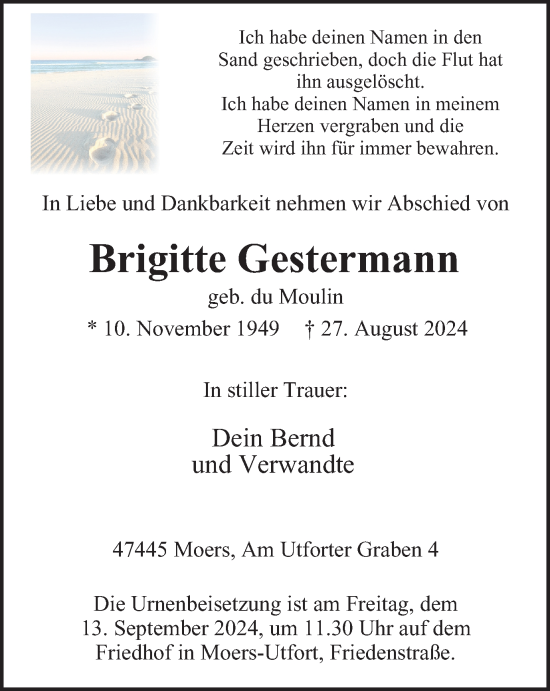 Traueranzeige von Brigitte Gestermann von Tageszeitung