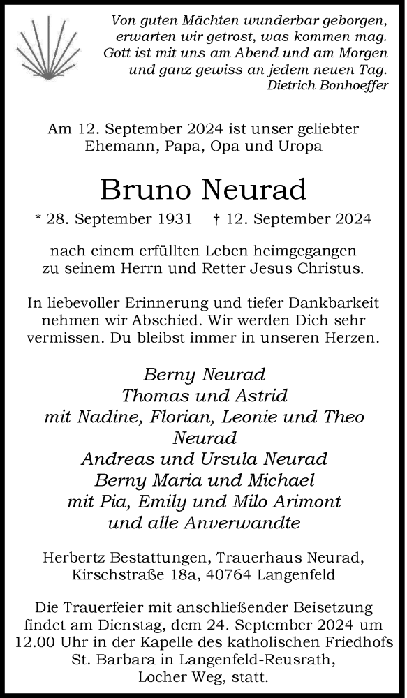  Traueranzeige für Bruno Neurad vom 21.09.2024 aus Tageszeitung