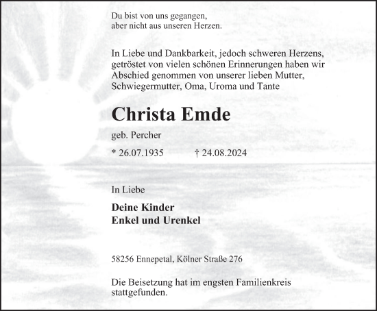 Traueranzeige von Christa Emde von Tageszeitung