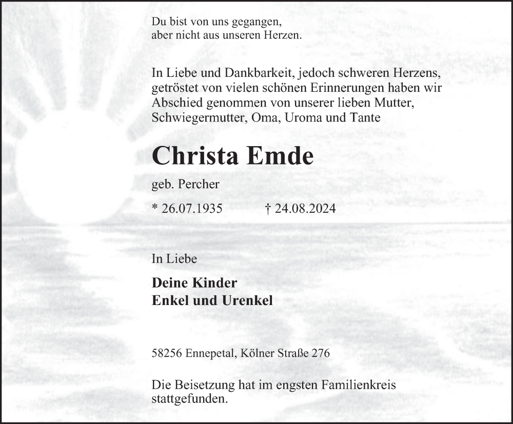 Traueranzeige für Christa Emde vom 07.09.2024 aus Tageszeitung