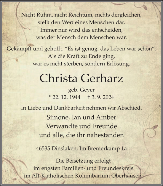 Traueranzeige von Christa Gerharz von Tageszeitung
