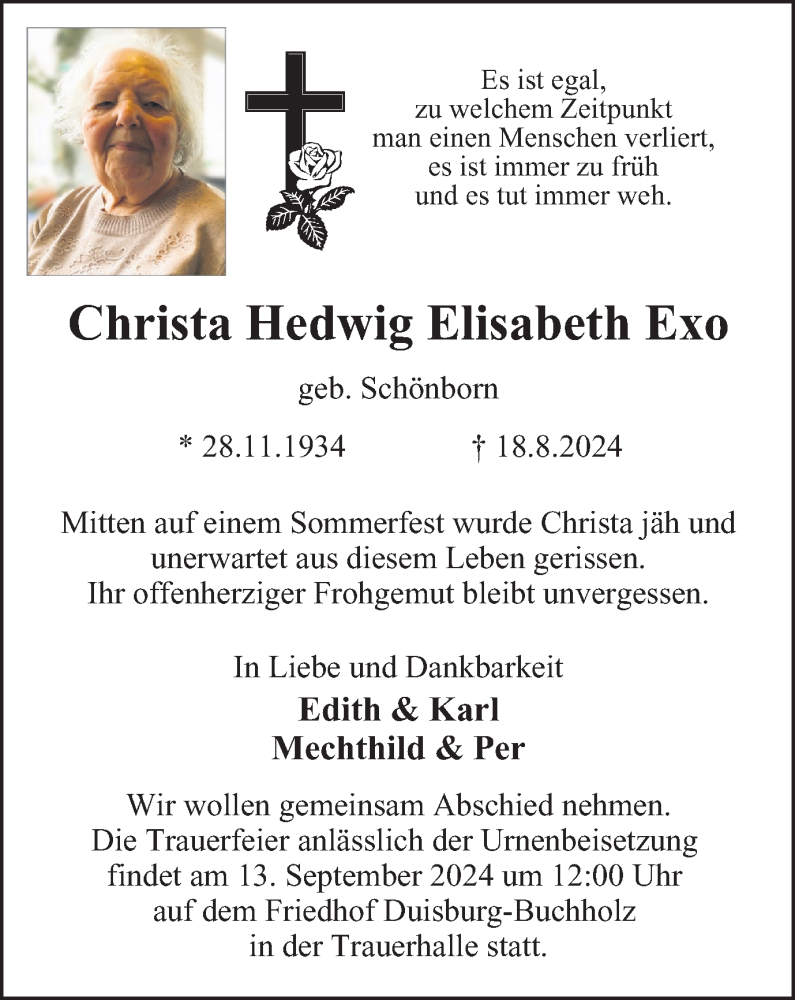  Traueranzeige für Christa Hedwig Elisabeth Exo vom 07.09.2024 aus Tageszeitung