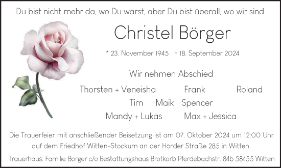 Traueranzeige von Christel Börger von Tageszeitung