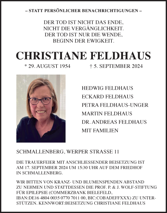 Traueranzeige von Christiane Feldhaus von Tageszeitung