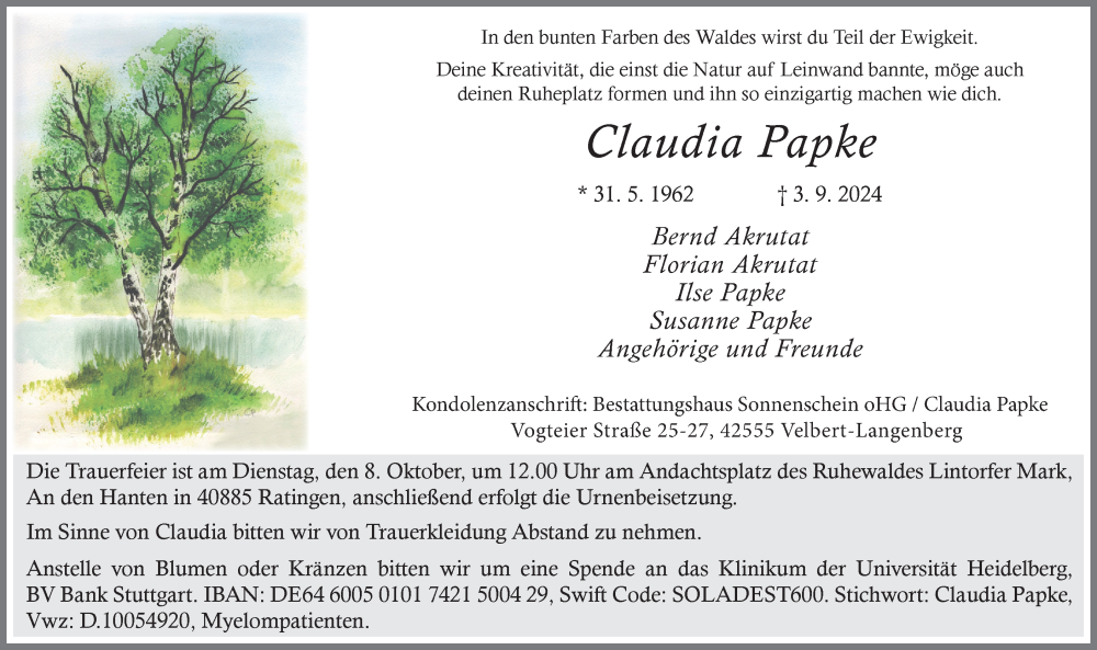  Traueranzeige für Claudia Papke vom 28.09.2024 aus Tageszeitung