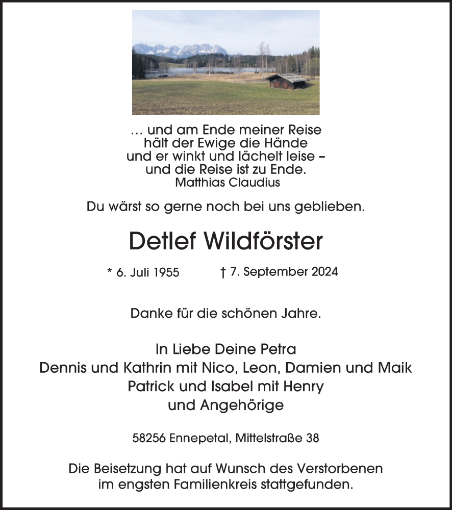  Traueranzeige für Detlef Wildförster vom 28.09.2024 aus Tageszeitung