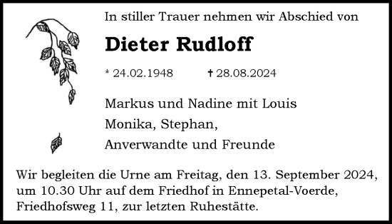Traueranzeige von Dieter Rudloff von Tageszeitung