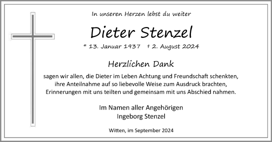 Traueranzeige von Dieter Stenzel von Tageszeitung