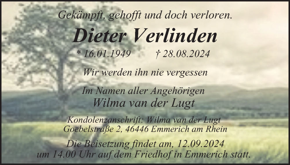  Traueranzeige für Dieter Verlinden vom 07.09.2024 aus Tageszeitung