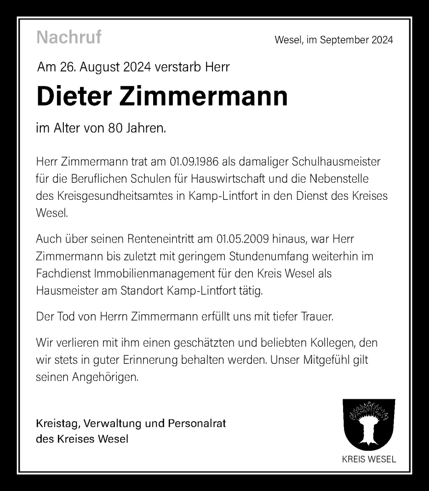  Traueranzeige für Dieter Zimmermann vom 13.09.2024 aus Tageszeitung