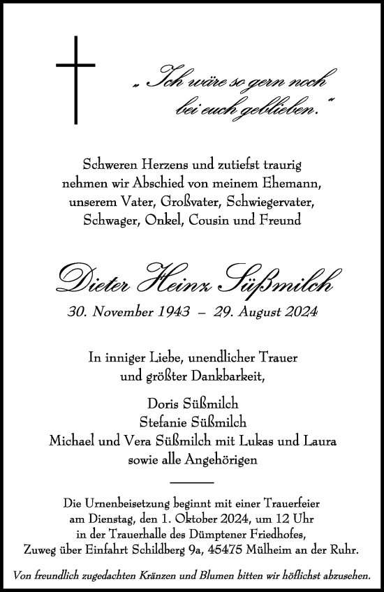 Traueranzeige von Dieter Heinz Süßmilch von Tageszeitung