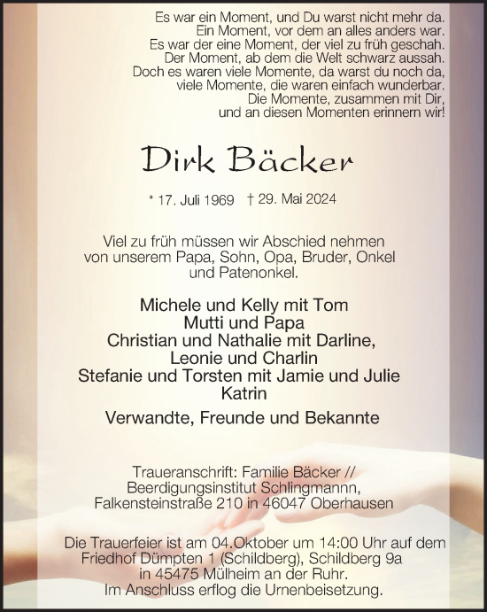 Traueranzeige von Dirk Bäcker von Tageszeitung