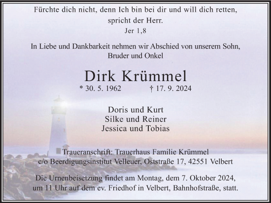 Traueranzeige von Dirk Krümmel von Tageszeitung