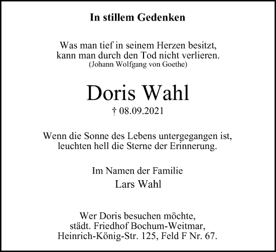 Traueranzeige von Doris Wahl von Tageszeitung
