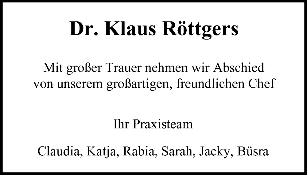  Traueranzeige für Dr. Klaus Röttgers vom 25.09.2024 aus Tageszeitung