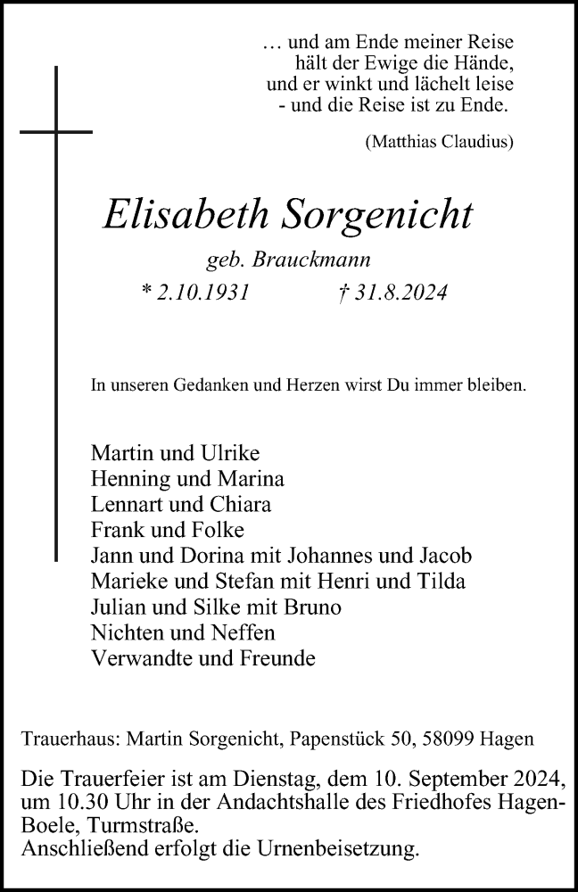  Traueranzeige für Elisabeth Sorgenicht vom 07.09.2024 aus Tageszeitung