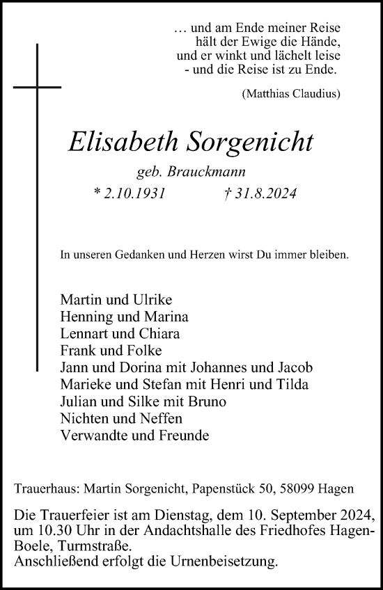 Traueranzeige von Elisabeth Sorgenicht von Tageszeitung