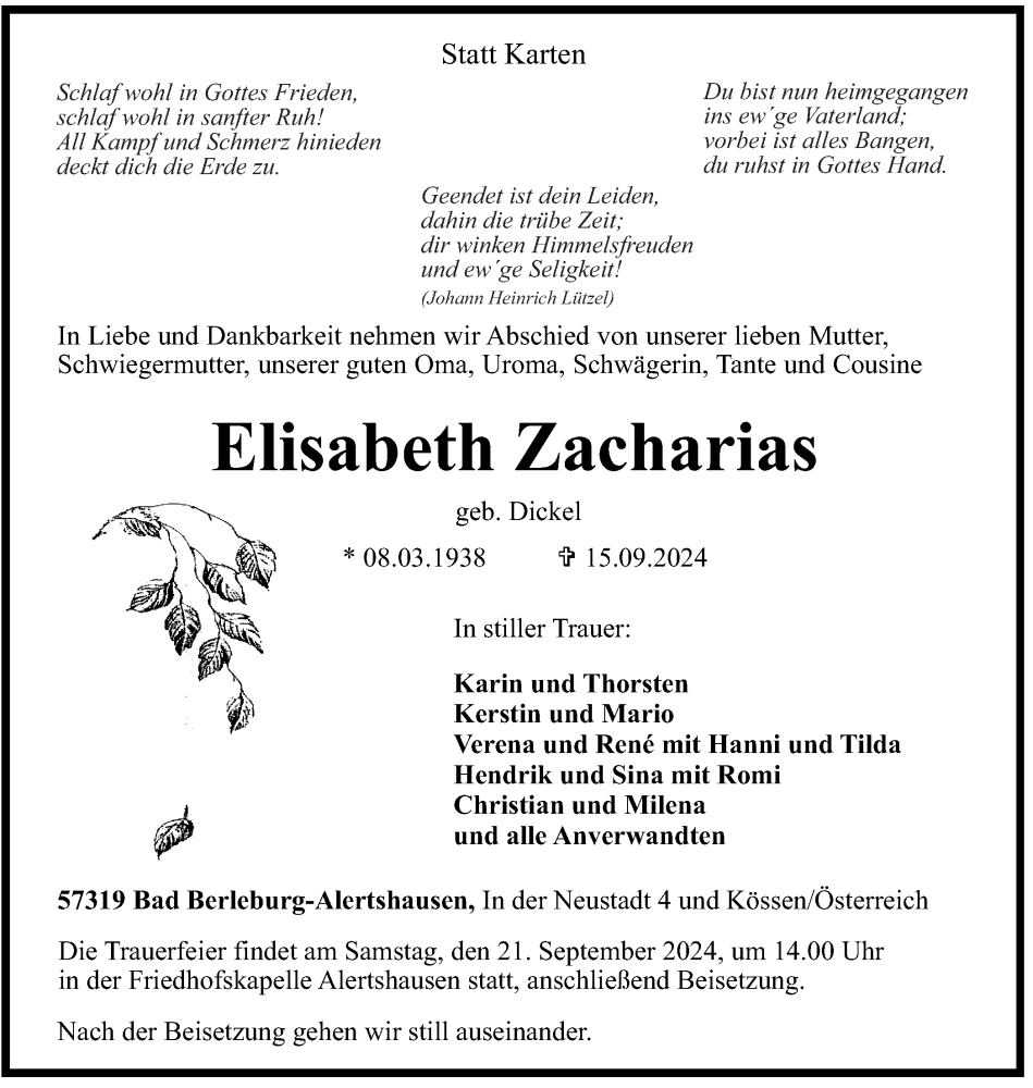  Traueranzeige für Elisabeth Zacharias vom 19.09.2024 aus Tageszeitung
