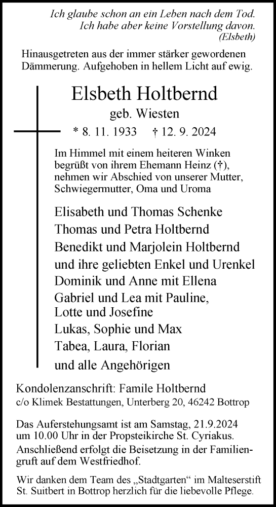 Traueranzeige von Elsbeth Holtbernd von Tageszeitung