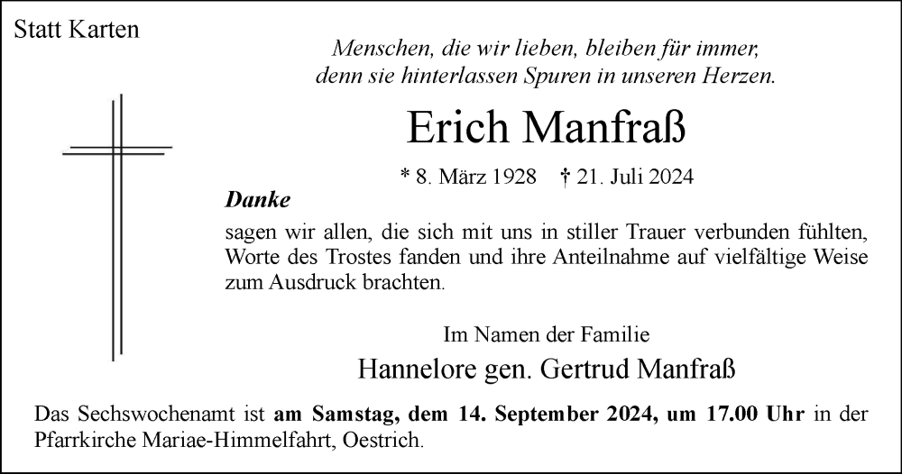  Traueranzeige für Erich Manfraß vom 14.09.2024 aus Tageszeitung