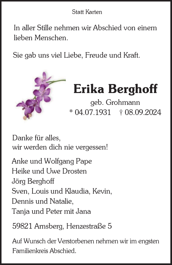 Traueranzeige von Erika Berghoff von Tageszeitung