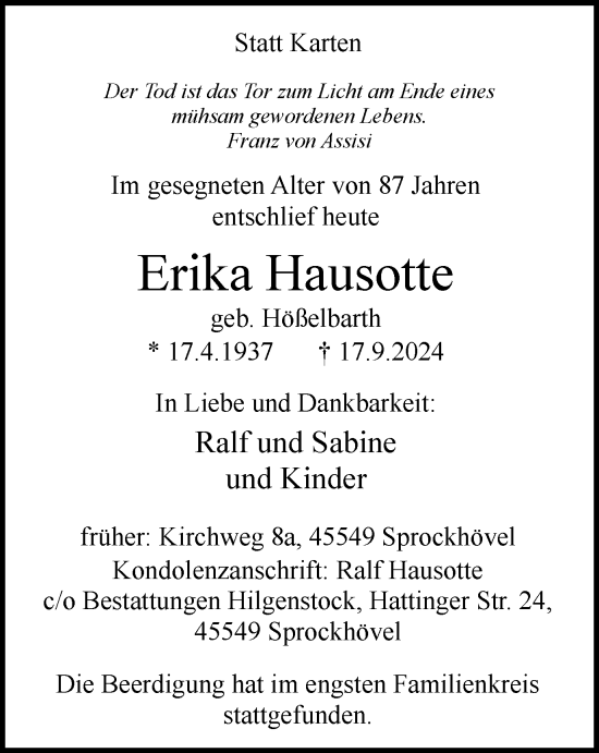 Traueranzeige von Erika Hausotte von Tageszeitung