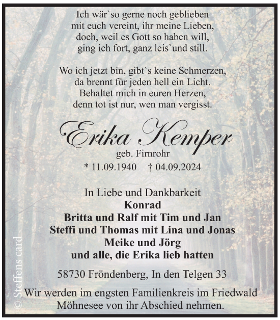 Traueranzeige von Erika Kemper von Tageszeitung