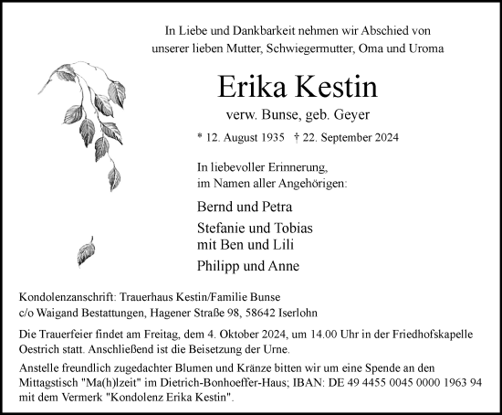 Traueranzeige von Erika Kestin von Tageszeitung
