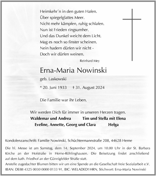Traueranzeige von Erna-Maria Nowinski von Tageszeitung
