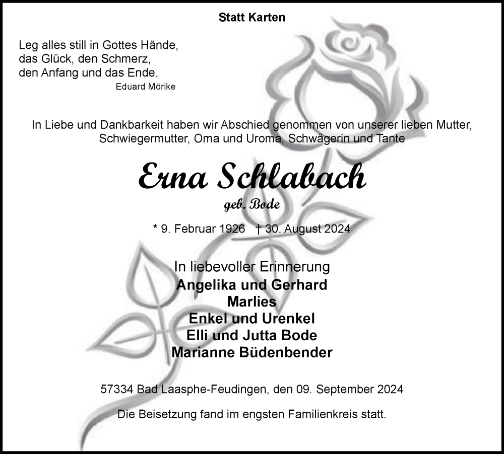  Traueranzeige für Erna Schlabach vom 09.09.2024 aus Tageszeitung