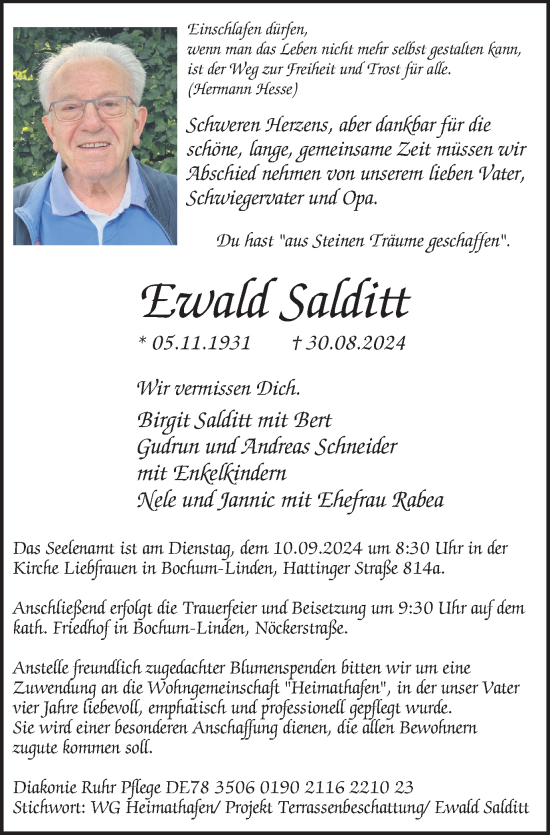 Traueranzeige von Ewald Salditt von Tageszeitung