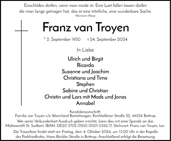 Traueranzeige von Franz van Troyen von Tageszeitung