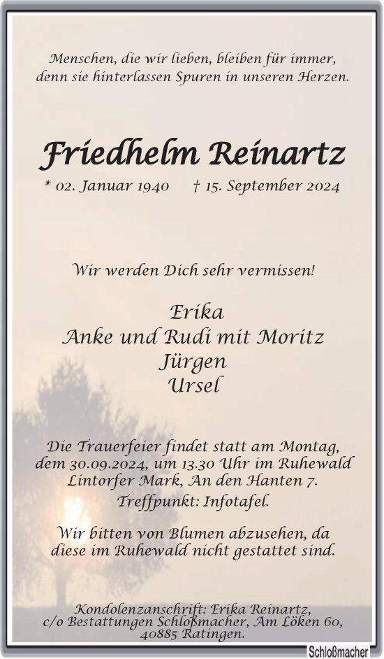 Traueranzeige von Friedhelm Reinartz von Tageszeitung