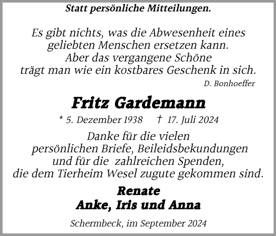 Traueranzeige von Fritz Gardemann von Tageszeitung