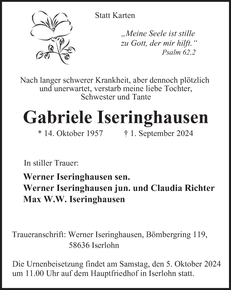  Traueranzeige für Gabriele Iseringhausen vom 28.09.2024 aus Tageszeitung