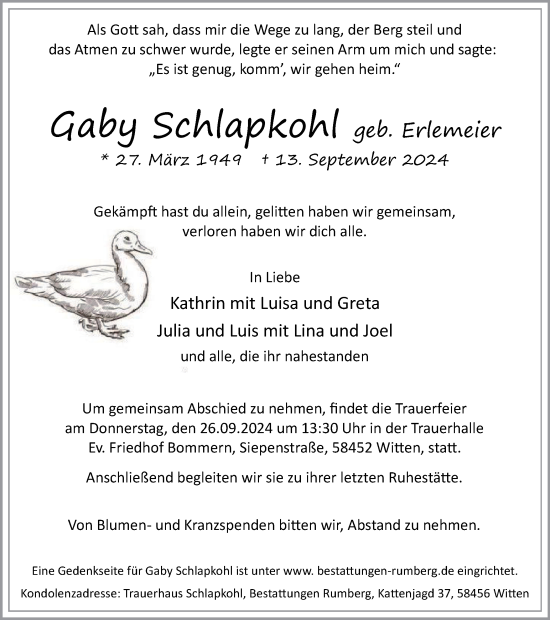Traueranzeige von Gaby Schlapkohl von Tageszeitung