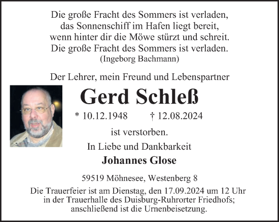 Traueranzeige von Gerd Schleß von Tageszeitung