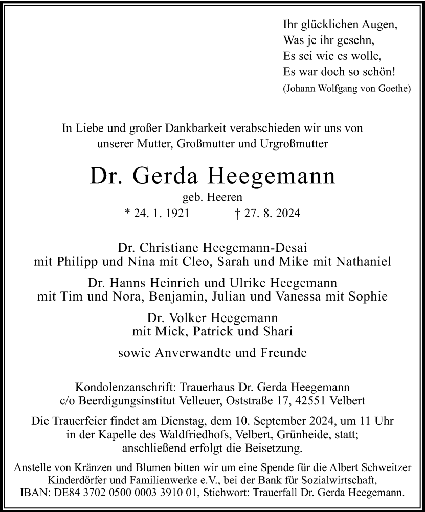  Traueranzeige für Gerda Heegemann vom 04.09.2024 aus Tageszeitung