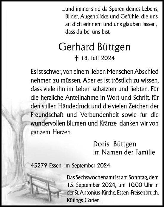 Traueranzeige von Gerhard Büttgen von Tageszeitung